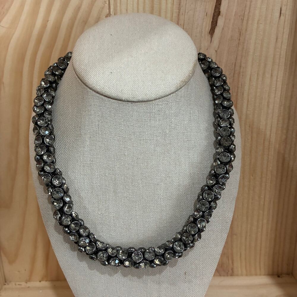 Chunky Gunmetal Rhinestone Statement Necklace Clear Twisted Rope Collar 19.5"